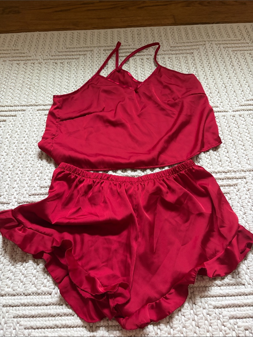 Red Satin Sleep Set - Camisole & Ruffle Shorts